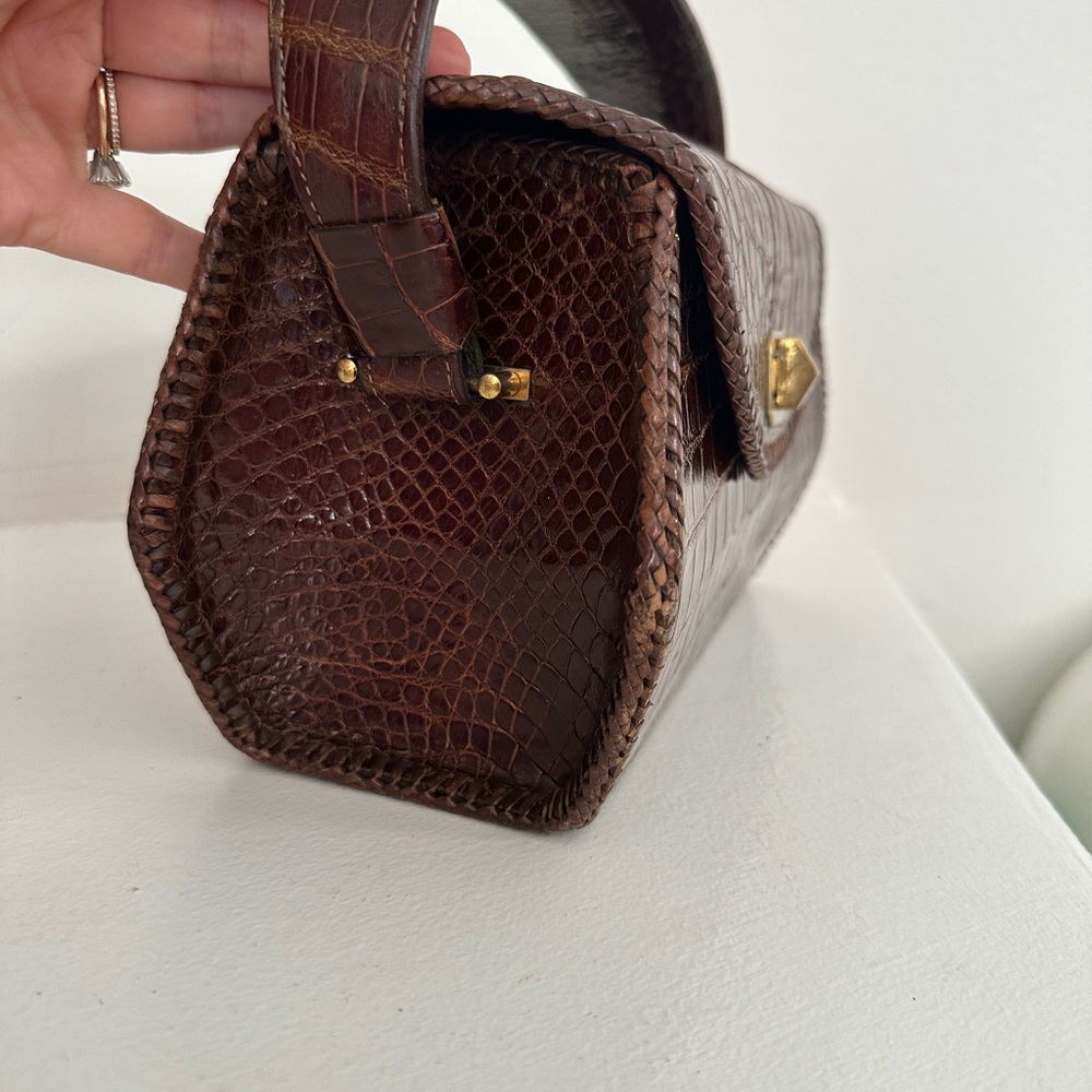 Vintage 🤎 Croc-Embossed Brown Leather Top-Handle Bag - Picture 3 of 10